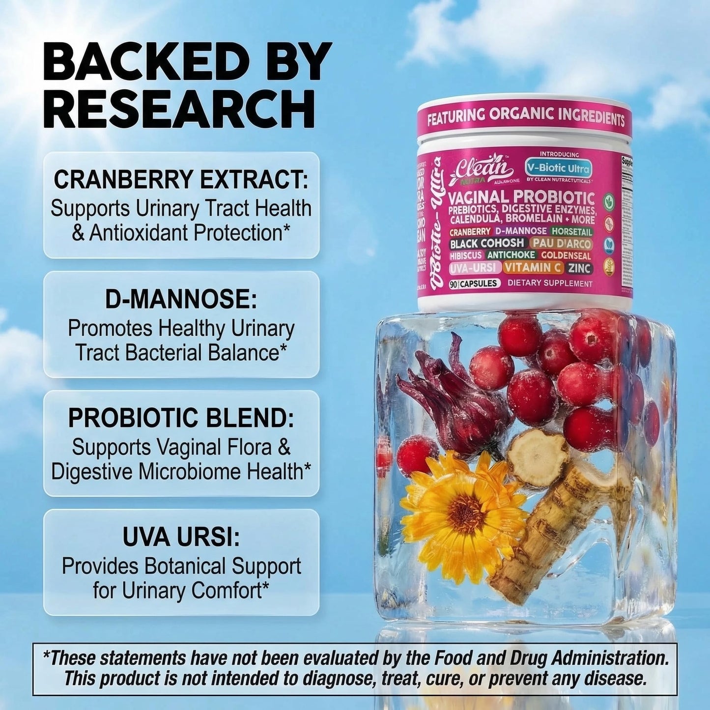 Clean Nutra Vaginal Probiotics for Women + Prebiotics Digestive Enzymes Bromelain Cranberry D Mannose Horsetail Black Cohosh Artichoke Hibiscus Flowers Probiotic for Digestive Health 90 Vegan Capsules Clean NutraceuticalsBuy Supplements Australia