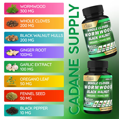 Cadane Wormwood Whole Cloves Black Walnut with Ginger, Garlic, Oregano, Fennel & Black Pepper | Digestive & Wellness Support | 120 Capsules – 60-Day Organic CadaneBuy Supplements Australia