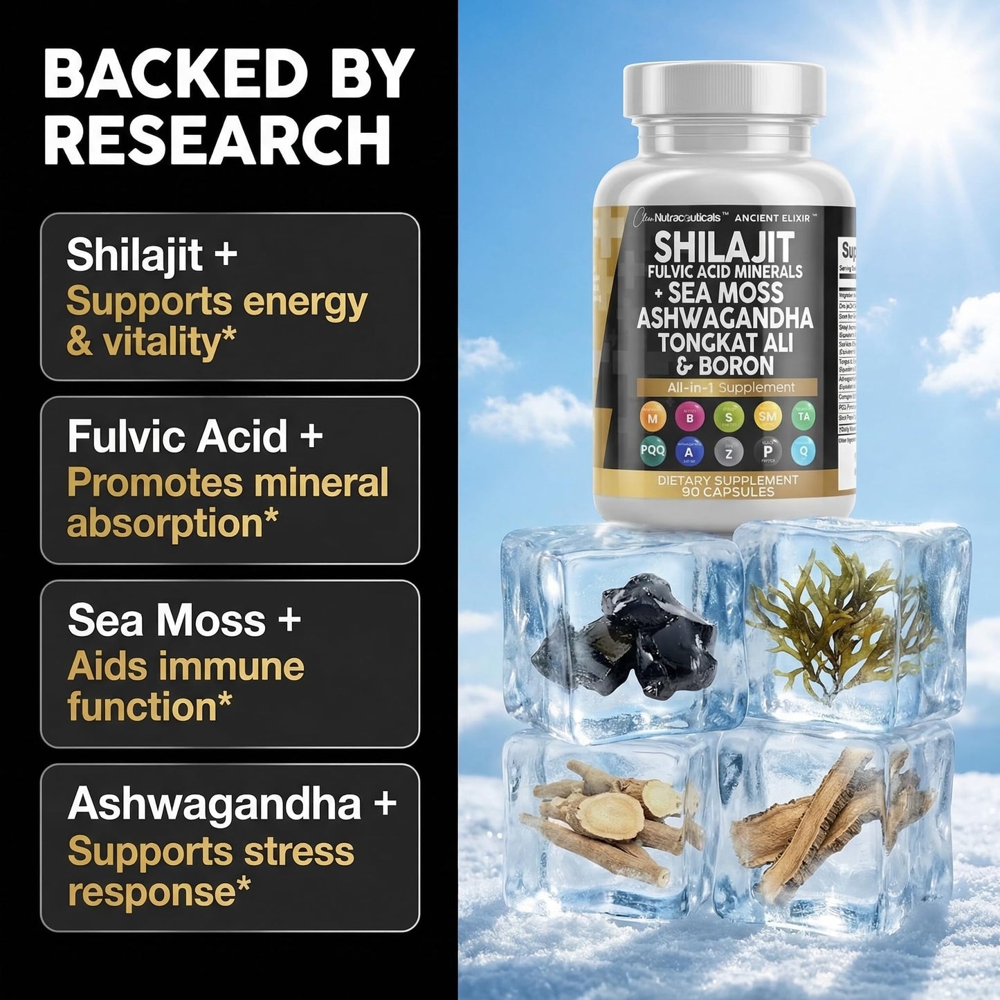 Clean Nutraceuticals Shilajit Supplement for Men with Sea Moss, Tongkat Ali, Ashwagandha, Boron, Zinc, CoQ10, PQQ - Fulvic Acid Capsules - Energy Support - 90 Count - Resin, Gummy & Powder Alternative Clean NutraceuticalsBuy Supplements Australia