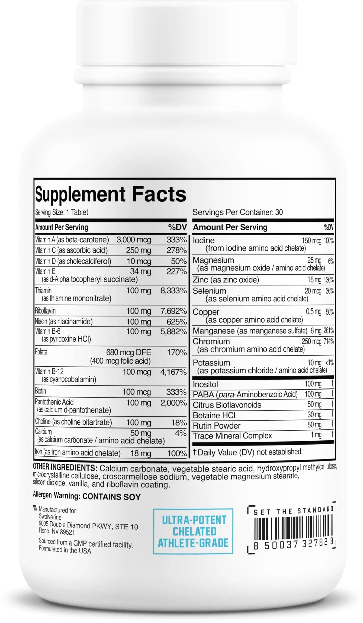 Swolverine Multivitamin | for Men & Women – High Potency Daily Vitamins with B-Complex, Antioxidants, Minerals, Inositol & PABA Swolverine