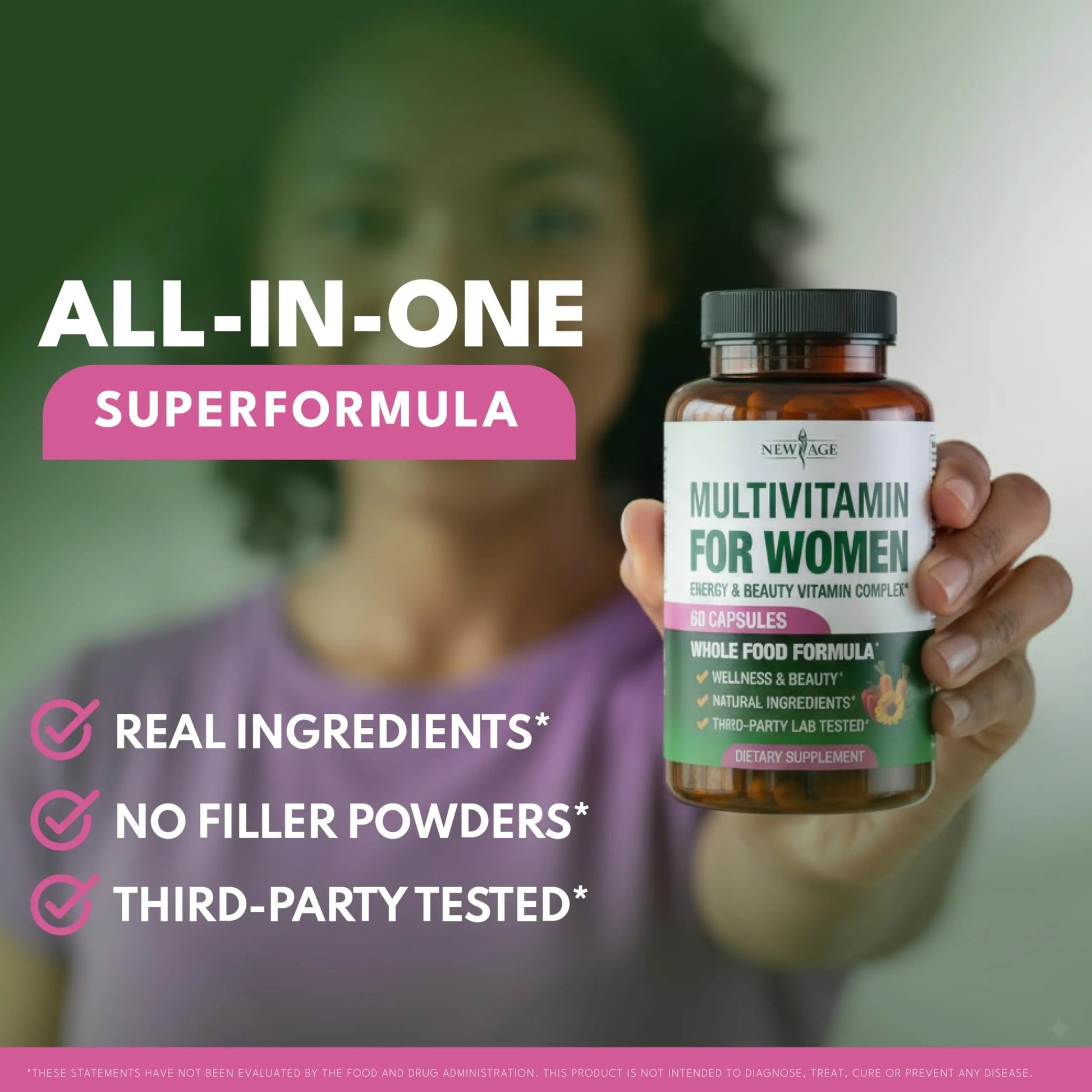 NEW AGE Multivitamin for Women - B-Complex, Whole Foods, Hair Support, Iron - All in1 Womens Multivitamin NEW AGE