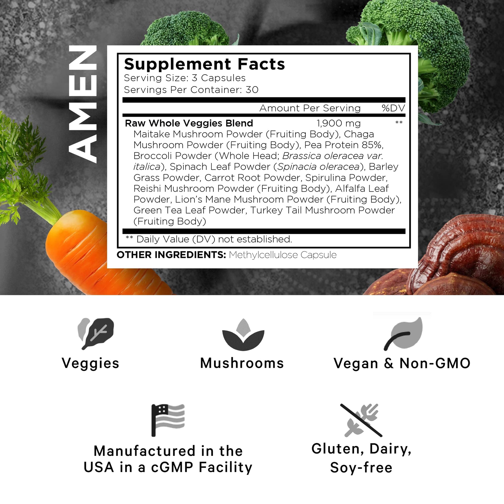 Amen Veggies, Daily Veggies Vitamins Supplement, Vegetables Vegan Blend & Whole-Food Raw Greens Multivitamin Capsules, Mushroom Complex, Superfood, Minerals, Green Vegetable Nutrients, Non-GMO, 90 ct AmenBuy Supplements Australia