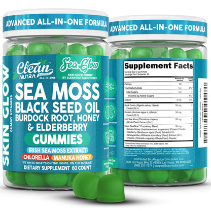 Clean Nutra Sea Moss Gummies Black Seed Oil Chlorella Ashwagandha Root Hair Growth Skin Glow Irish Sea Moss Elderberry Burdock Manuka Honey Trace Minerals Detox 60 Gummy Vitamins Sea Glow Supplement Clean NutraceuticalsBuy Supplements Australia