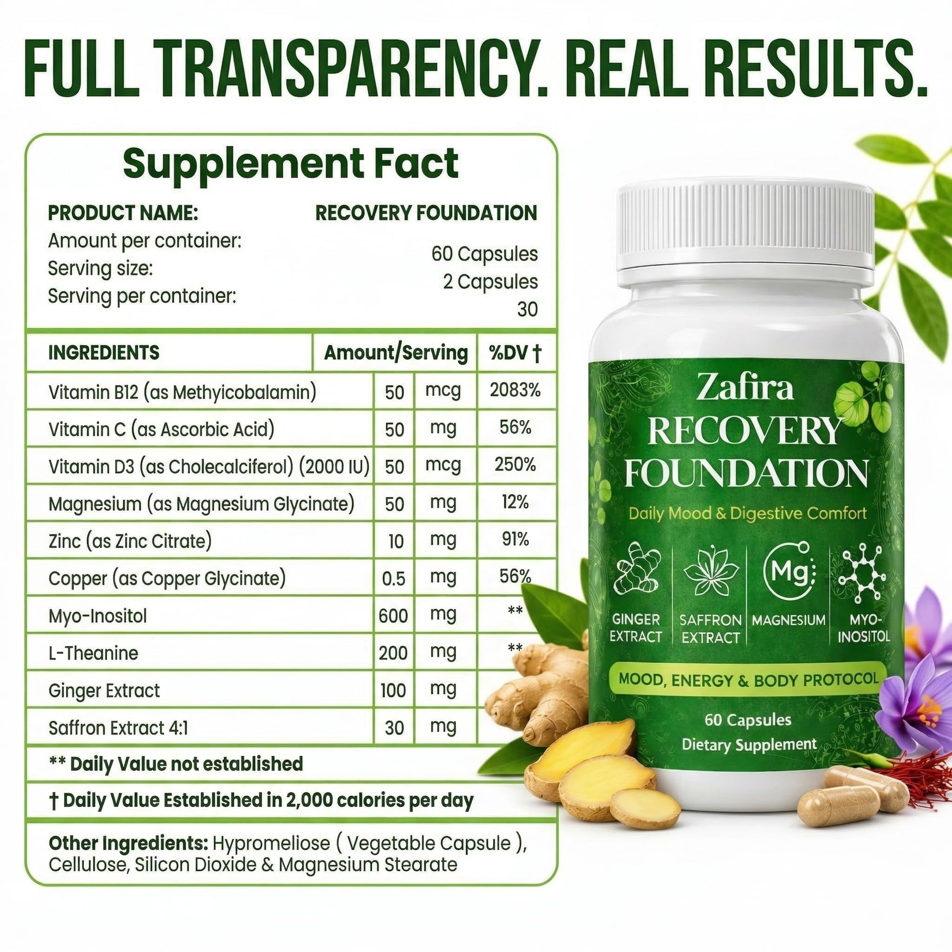 DYDUON Zafira Recovery Foundation Capsules – Mental Clarity, Hair & Mood Support, Natural Herbal Formula with Saffron Extract, Ginger Extract, L-Theanine, Myo-Inositol, Non-GMO, 60 Capsules DYDUONBuy Supplements Australia