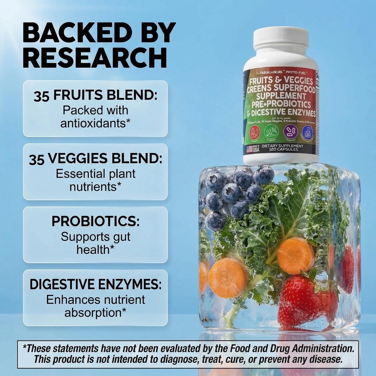 Clean Nutraceuticals Fruits and Veggies Supplement Reds & Green Superfood - Balance of Over 70 Fruit & Vegetable Supplements Capsules with Probiotics Prebiotics Digestive Enzymes - 120 Ct USA Clean NutraceuticalsBuy Supplements Australia