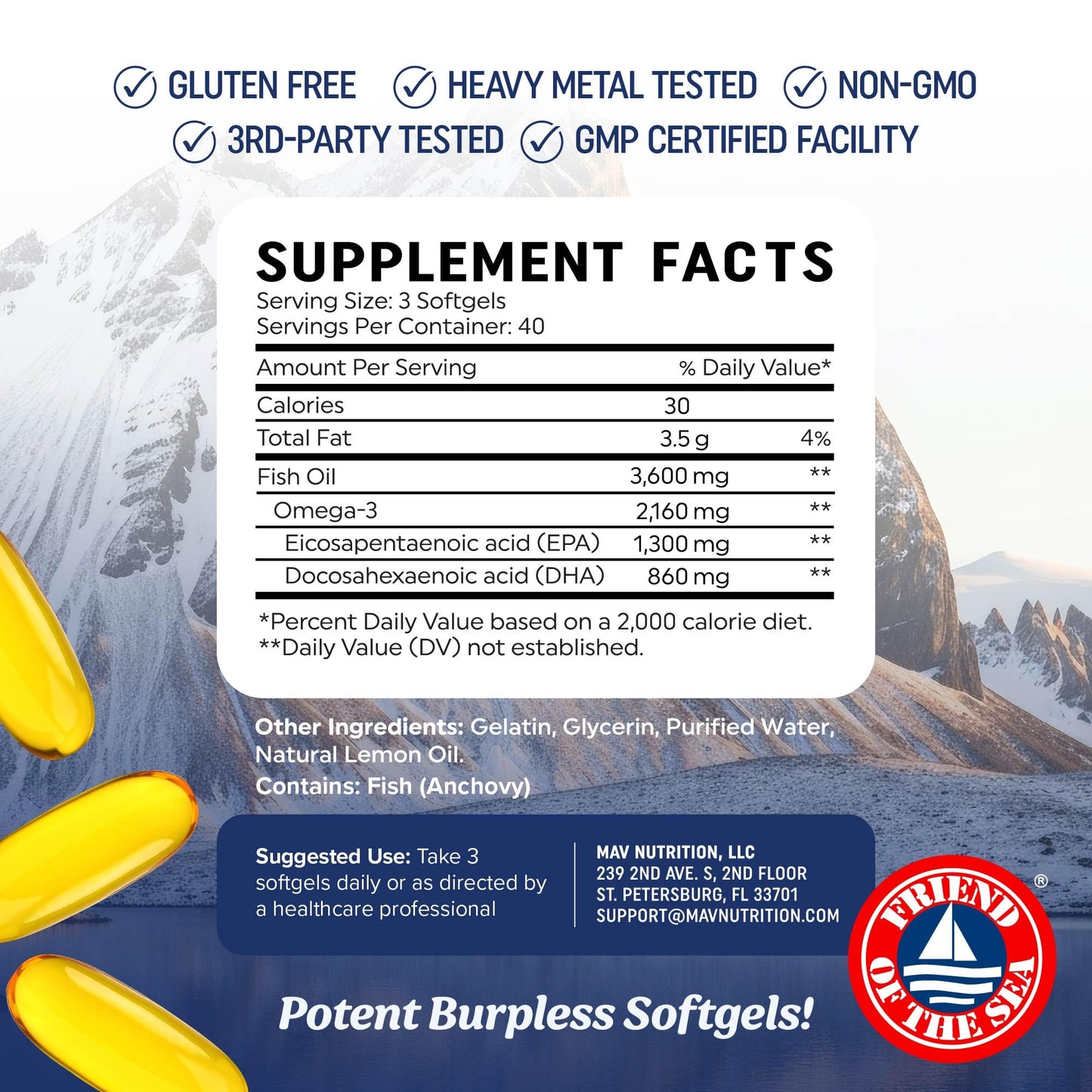 Triple Strength DHA Omega 3 Fish Oil 3600 mg | Over 2100mg Omega-3 Fatty Acids with 860mg of DHA | 1300mg EPA | Best Essential Fatty Acids