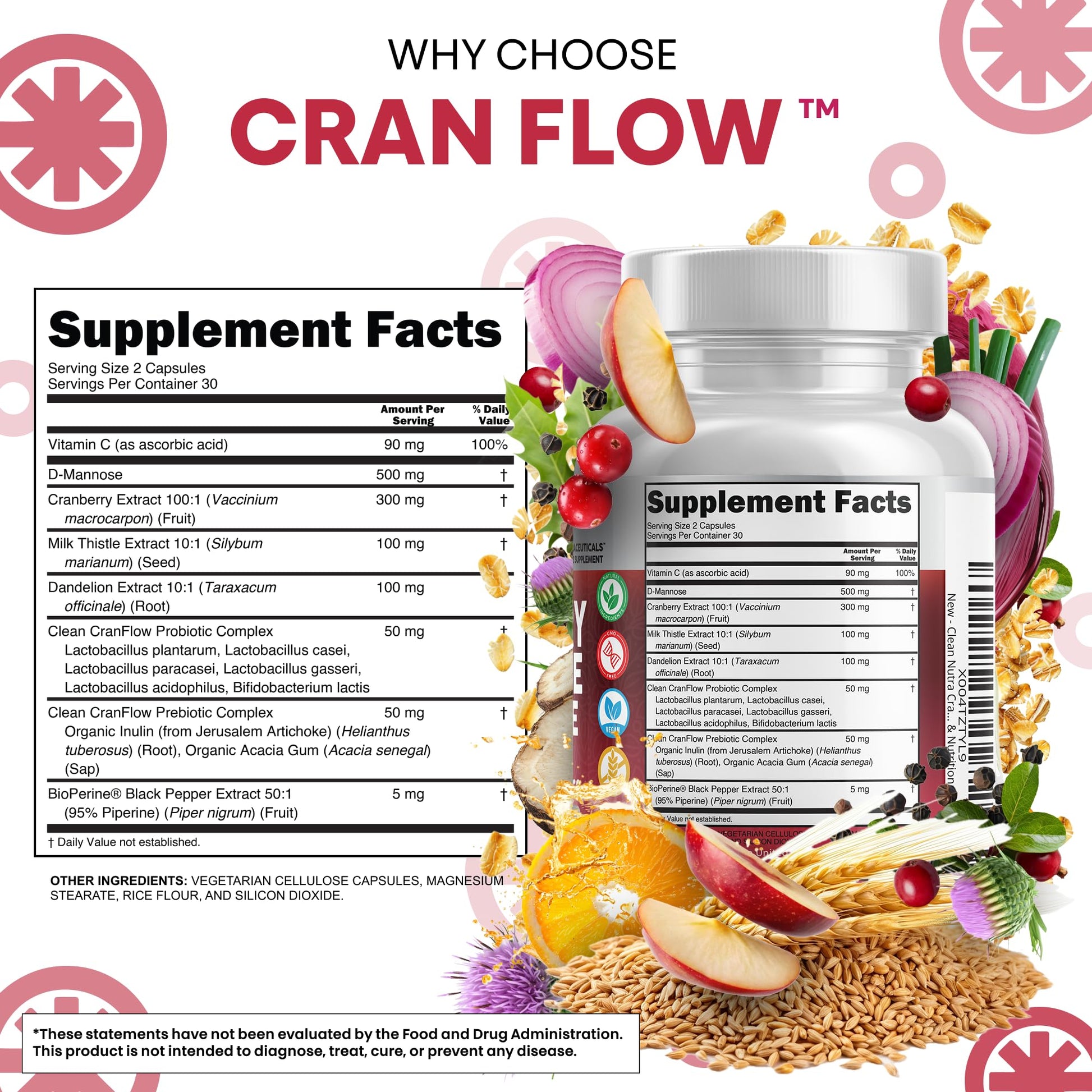 Cran Flow Cranberry Pills for Urinary Health D-Mannose Milk Thistle Dandelion Inulin Vitamin C Prebiotics and Probiotics Bladder Support By Clean Nutra Clean NutraceuticalsBuy Supplements Australia