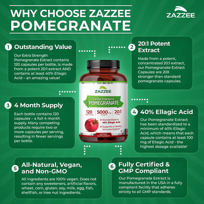 Zazzee Extra Strength Pomegranate 20:1 Extract, 40% Ellagic Acid, 120 Vegan Capsules, 4 Month Supply, Punica Granatum, Antioxidant & Cellular Health Support, Non-GMO, Made in the USA ZazzeeBuy Supplements Australia