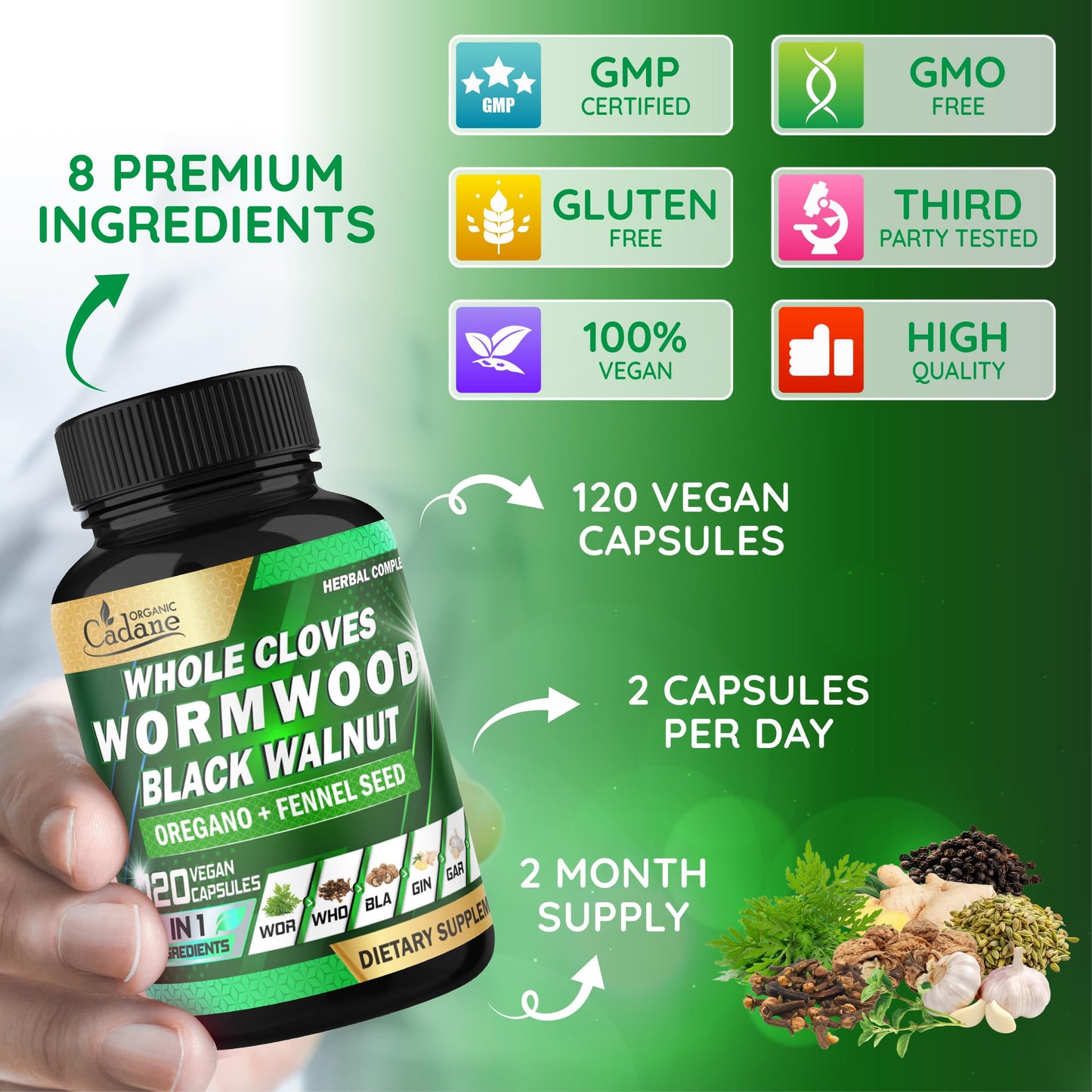 Cadane Wormwood Whole Cloves Black Walnut with Ginger, Garlic, Oregano, Fennel & Black Pepper | Digestive & Wellness Support | 120 Capsules – 60-Day Organic CadaneBuy Supplements Australia