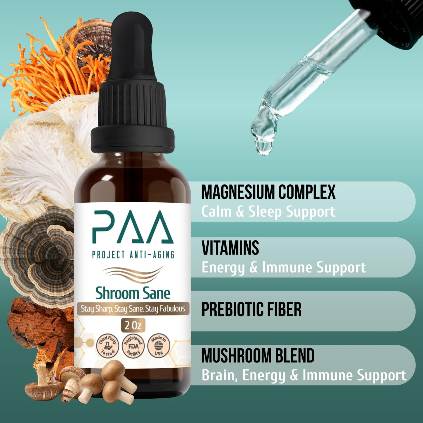 Project Anti-Aging Shroom Sane Liquid Drops with Lion’s Mane Mushroom Supplement Drops – 8 Mushroom Complex Tincture with Reishi, Cordyceps, Turkey Tail & Magnesium – USDA Organic, Vegan, Project Anti-AgingBuy Supplements Australia