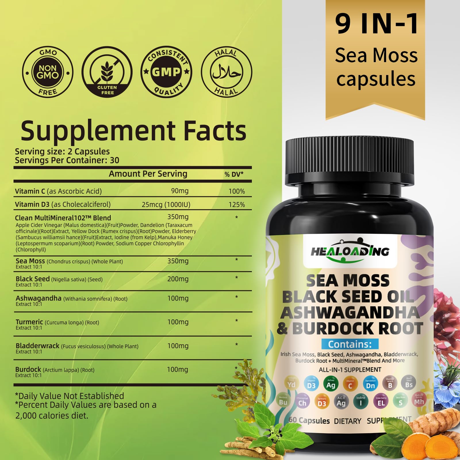 HEALOADING Sea Moss Capsules：Wildcrafted Organic Irish Seamoss & Bladderwack - Rich in Minerals, Supports Thyroid Health, Digestion, Skin & Immune System - Vegan, Non-GMO HEALOADINGBuy Supplements Australia