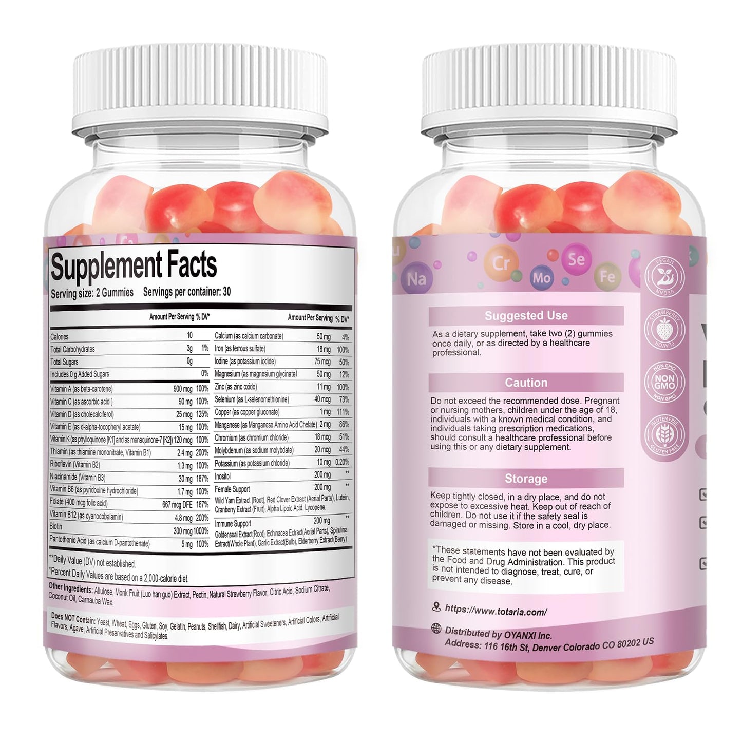 Totaria Sugar Free Multivitamin Gummies for Women 14+ w/Iron, Inositol, Folate, Biotin, Womens Daily Multivitamin Gummy w/Vitamin A, C, B, D3, K2, for Hair, Skin,