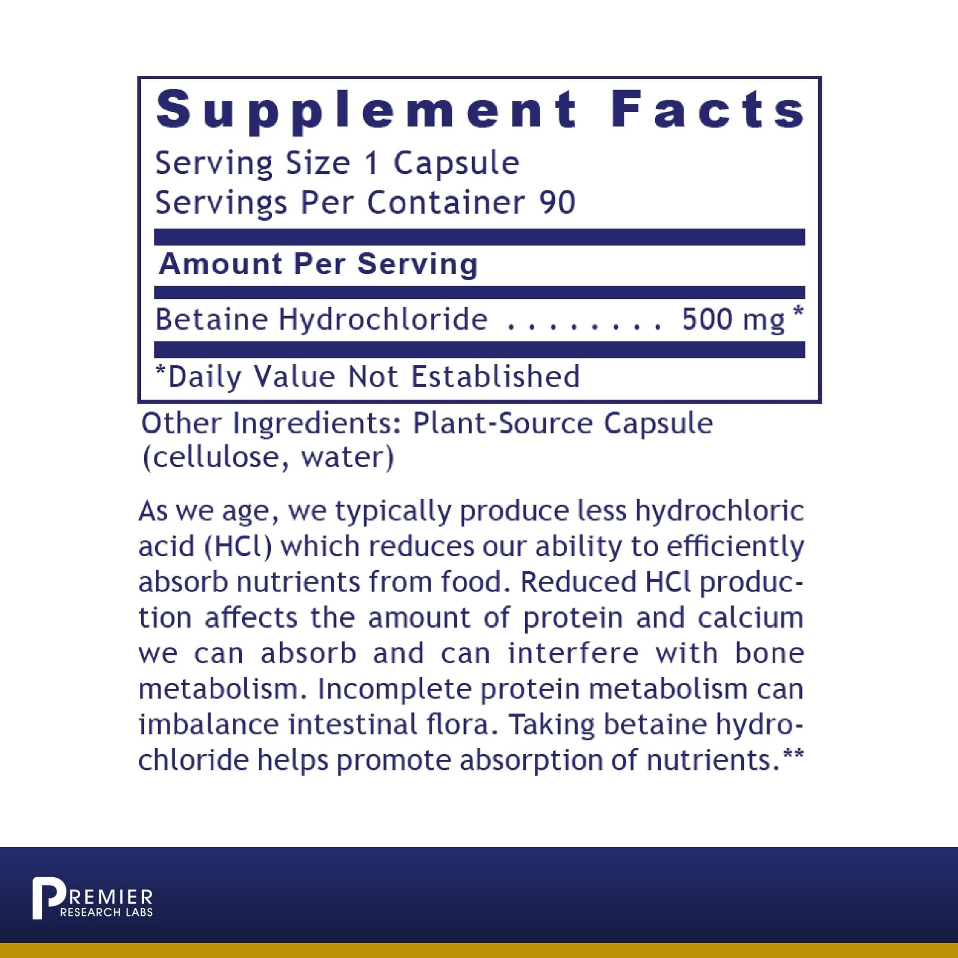 Premier Research Labs Premier HCL - Betaine HCL, Betaine Hydrochloride Supplement for Optimal Digestive Function, Nutrient Absorption, Betaine-HCL for Low Stomach Acid- 90 Vegetarian Capsules Premier Research LabsBuy Supplements Australia