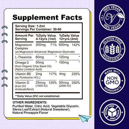 Kids Magnesium Liquid Drops-Magnesium Glycinate Liquid for Kids Supplement-w/L-theanine, Omega-3, Vitamin B6, D3 - for Sleep, Relaxation, Brain, Bones - 4 Fl Oz Children's Calm CFILIHTCBuy Supplements Australia