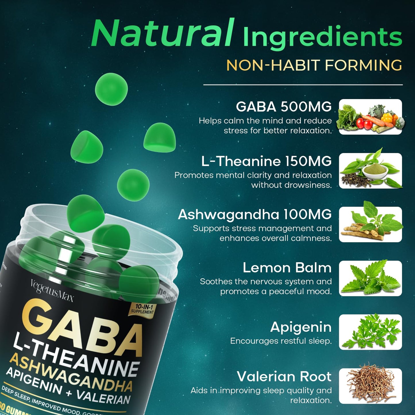 GABA L-Theanine Gummies, Sugar-Free Calm Gummies with L-Theanine, Ashwagandha,Valerian Root,Magnesium | Support Sleep,Stress Relief & Relaxation | GABA Supplement for Adult- Blueberry Flavor VEGETUSMAXBuy Supplements Australia