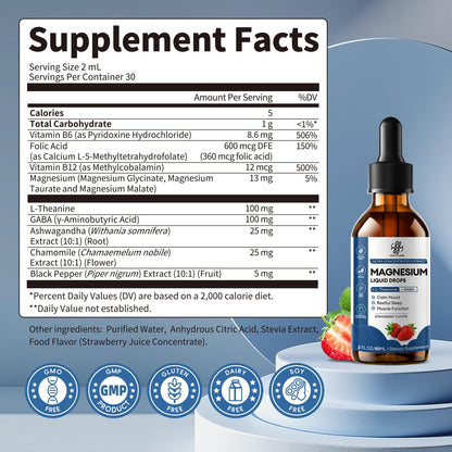 Liquid Magnesium Glycinate Drops for Nighttime Sleep & Calm Support, Triple Chelated Magnesium Complex with L-Theanine & GABA, Pre-Dissolved Liquid for Gentle Absorption, Strawberry Flavor, 2 Fl Oz iMATCHMEBuy Supplements Australia