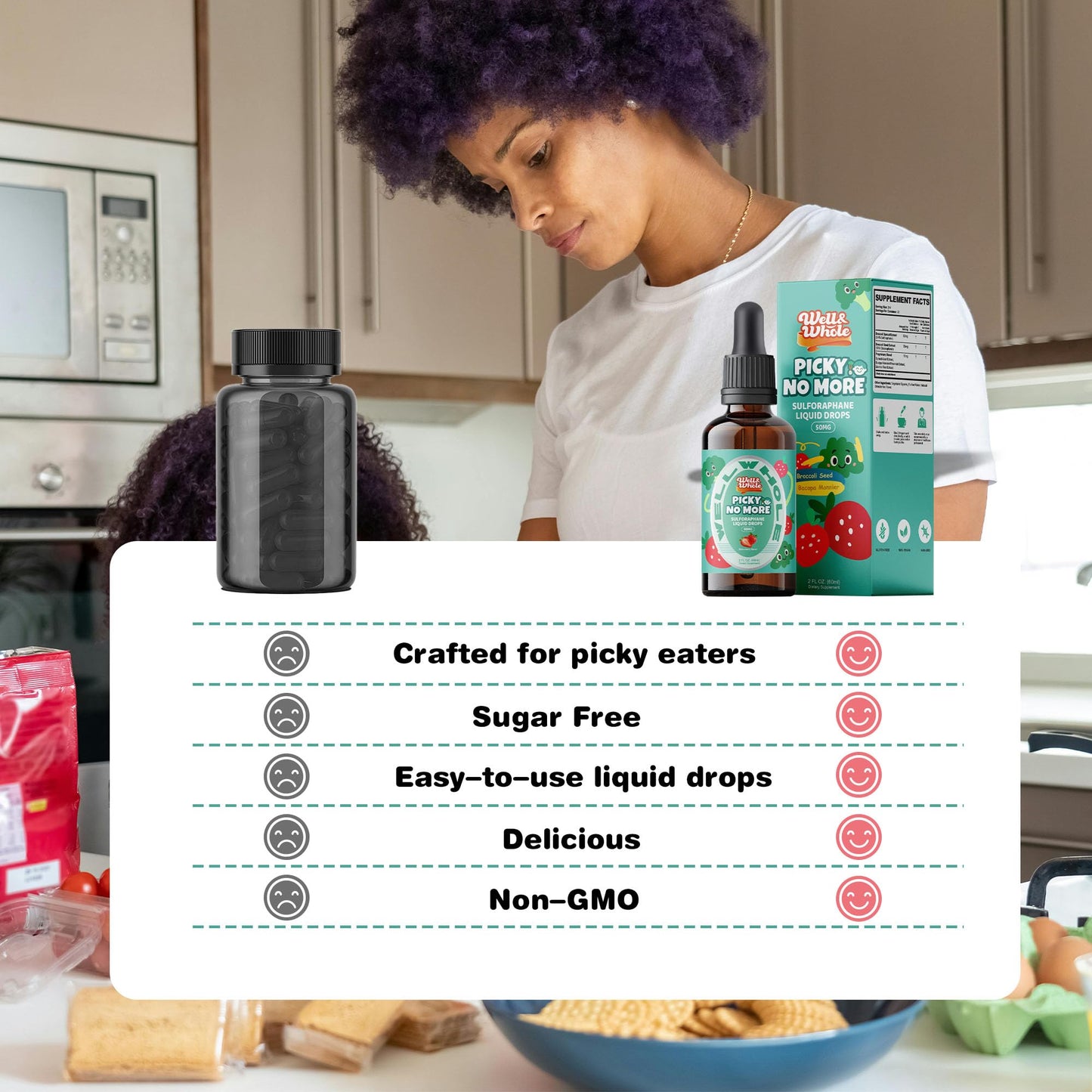 Well&Whole Sulforaphane Kids Liquid Supplement – Pick No More Broccoli Sprout Extract Drops, Hidden Greens for Picky Eaters, Daily Nutrition Support, Sugar-Free, Vegan, 60mL Well&WholeBuy Supplements Australia