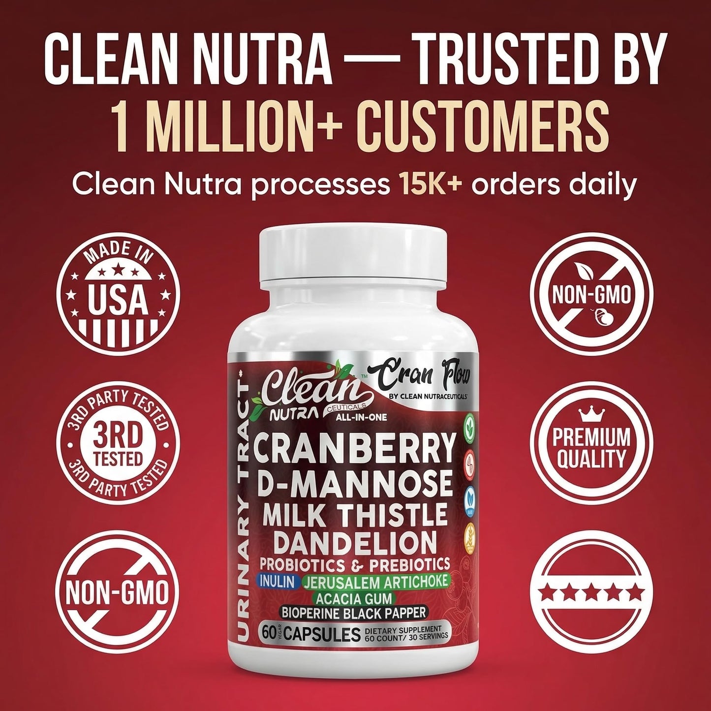 Cran Flow Cranberry Pills for Urinary Health D-Mannose Milk Thistle Dandelion Inulin Vitamin C Prebiotics and Probiotics Bladder Support By Clean Nutra Clean NutraceuticalsBuy Supplements Australia