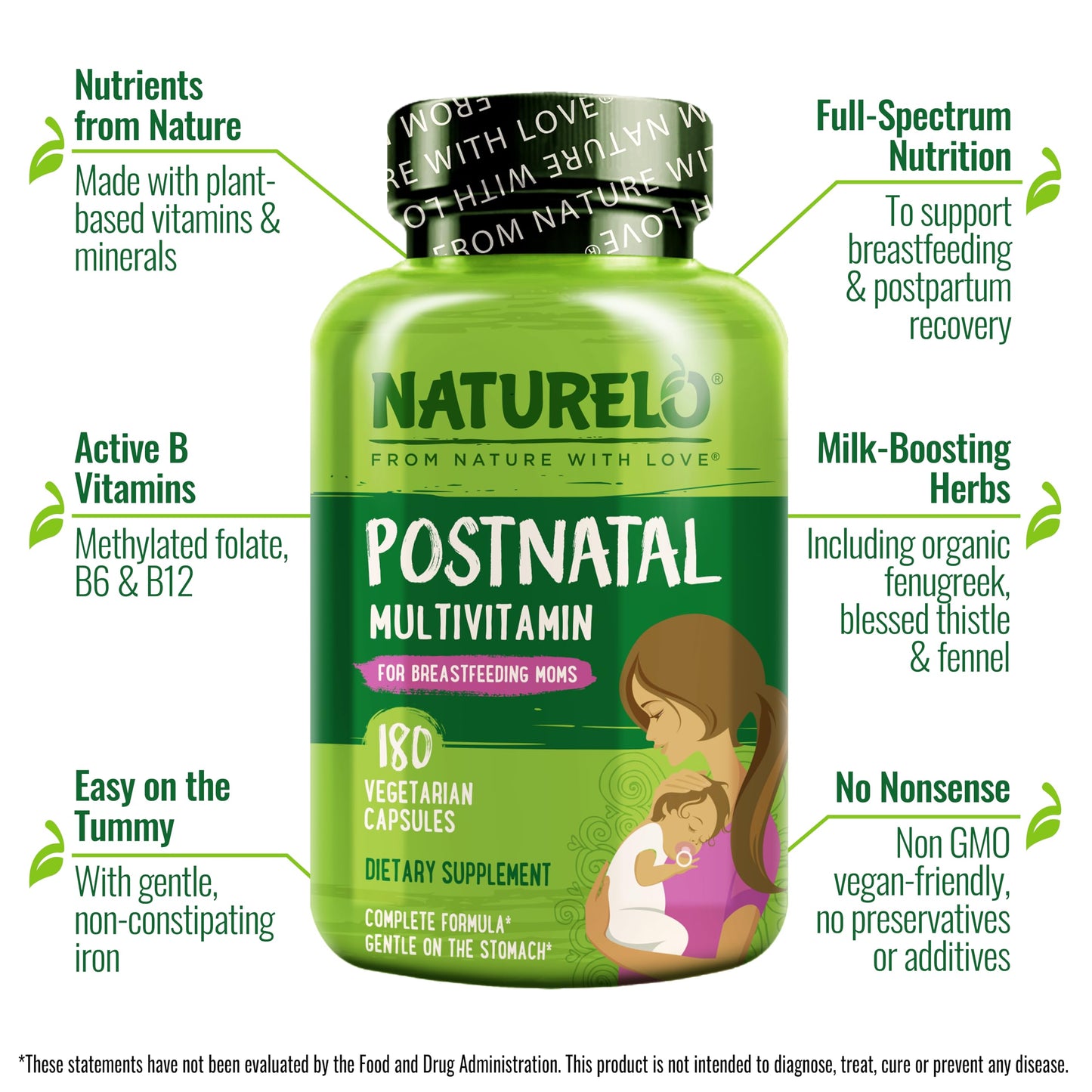 NATURELO Postnatal Multivitamin - Supplement for Breastfeeding Women - Plant-Based Vitamin D, Folate, Gentle Iron - for Nursing Mother, Baby