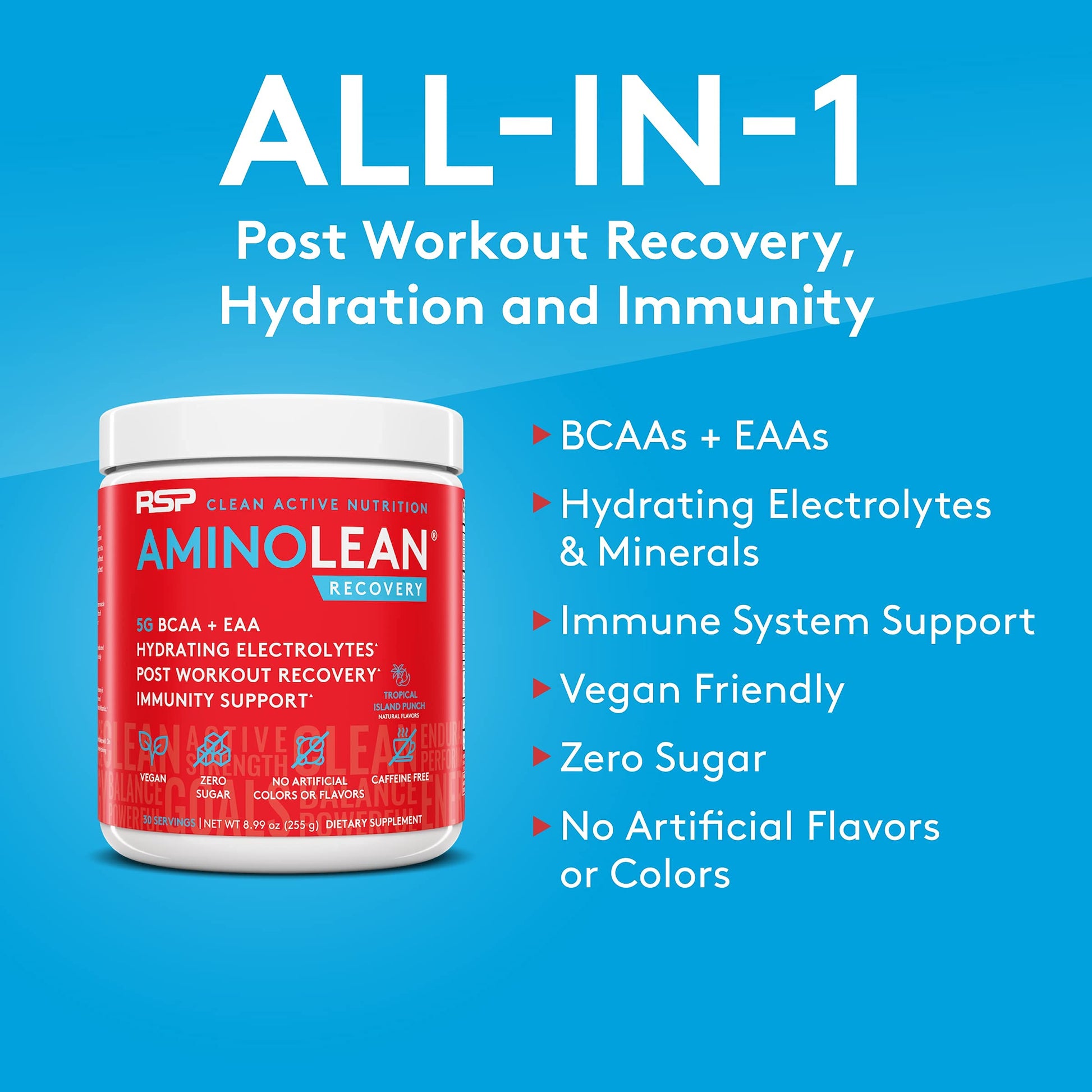 RSP NUTRITION AminoLean Pre Workout Energy (Pink Lemonade 30 Servings) with AminoLean Recovery Post Workout Boost (Tropical Island Punch 30 Servings)