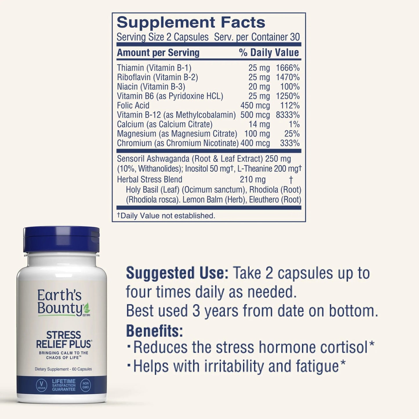 Earth's Bounty - Stress Relief Plus - 60 Vegetarian Capsules - All Natural Formula - Stress Support & Mood Enhancing Supplement Earth's BountyBuy Supplements Australia