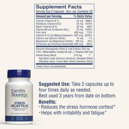Earth's Bounty - Stress Relief Plus - 60 Vegetarian Capsules - All Natural Formula - Stress Support & Mood Enhancing Supplement Earth's BountyBuy Supplements Australia