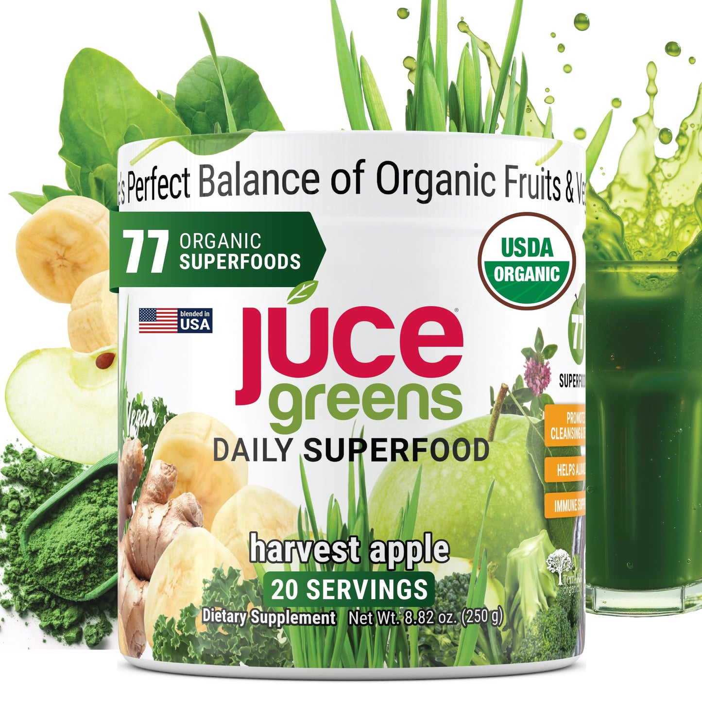 Terra Kai Organics JUCE Green Superfood Powder, Organic Fruits and Veggies Supplement W/ 77 Superfoods Plus Prebiotic Probiotic Blend, Harvest Apple Flavor - 20 Servings (250 g) Terra Kai OrganicsBuy Supplements Australia