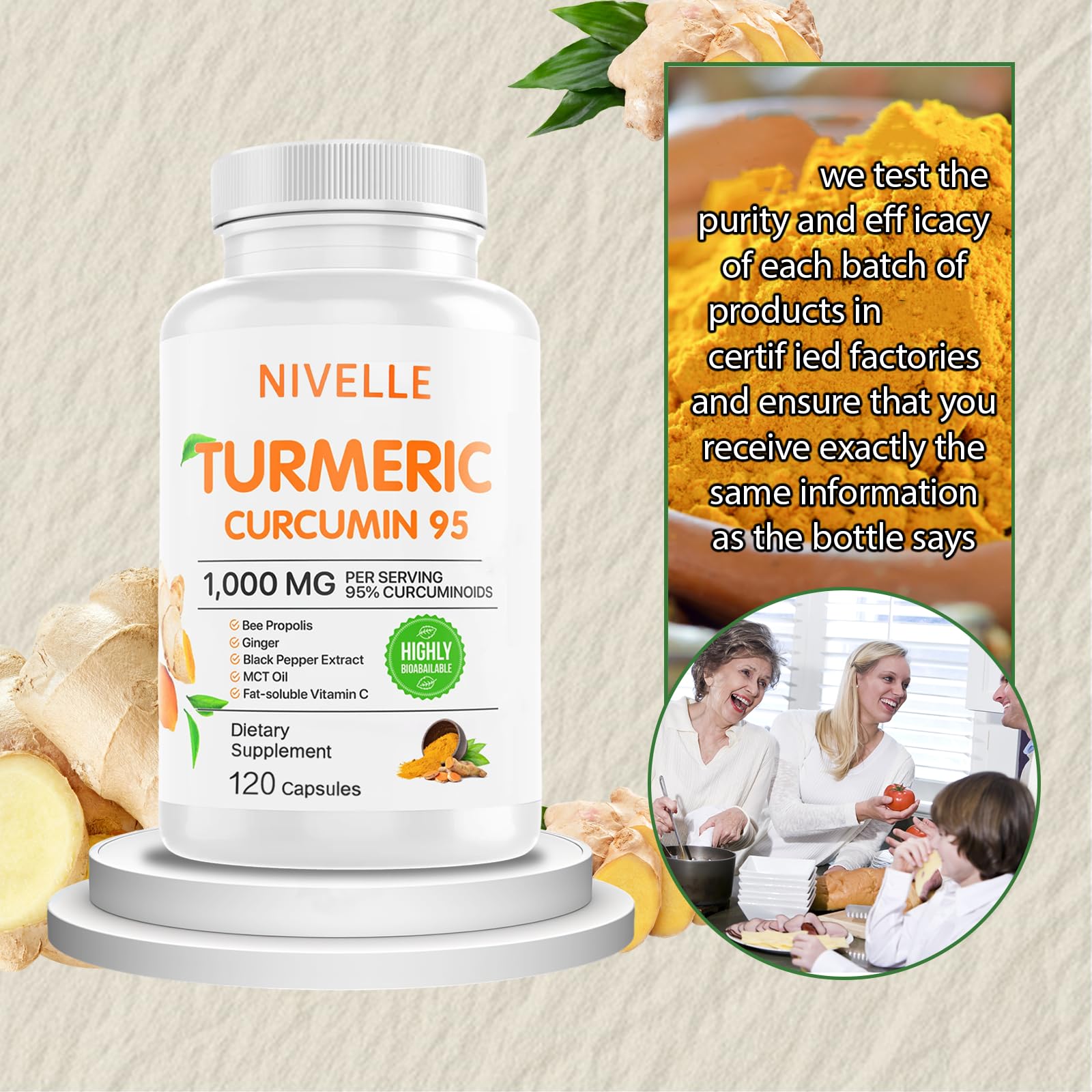 NIVELLE Turmeric Curcumin | Pure Turmeric Curcumin Supplement 1000mg | 95% Curcuminoids with Bee Propolis, Ginger, MCT Oil, Fat Soluble Vitamin C, & Black Pepper | 120 Capsules (1) NIVELLEBuy Supplements Australia