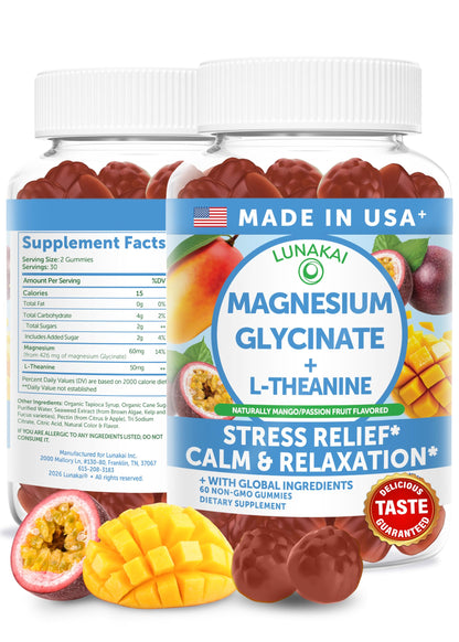 Lunakai USA Made Magnesium Glycinate Gummies with L-Theanine for Kids & Adults – 420mg Magnesium Supplement for Calm