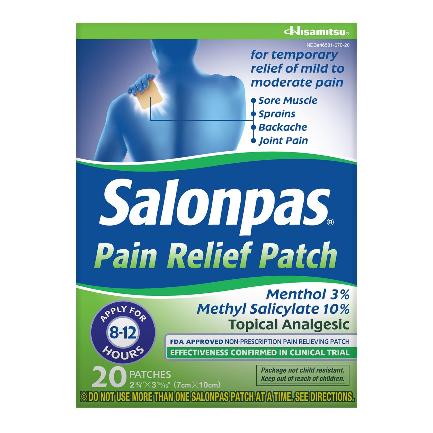 Salonpas Pain Relief Patch, 20 Count (Pack of 1), Up to 12 Hours Temporary Relief of Mild to Moderate Pain, Backache, Sore Muscle, Sprains, Bruises SalonpasBuy Supplements Australia