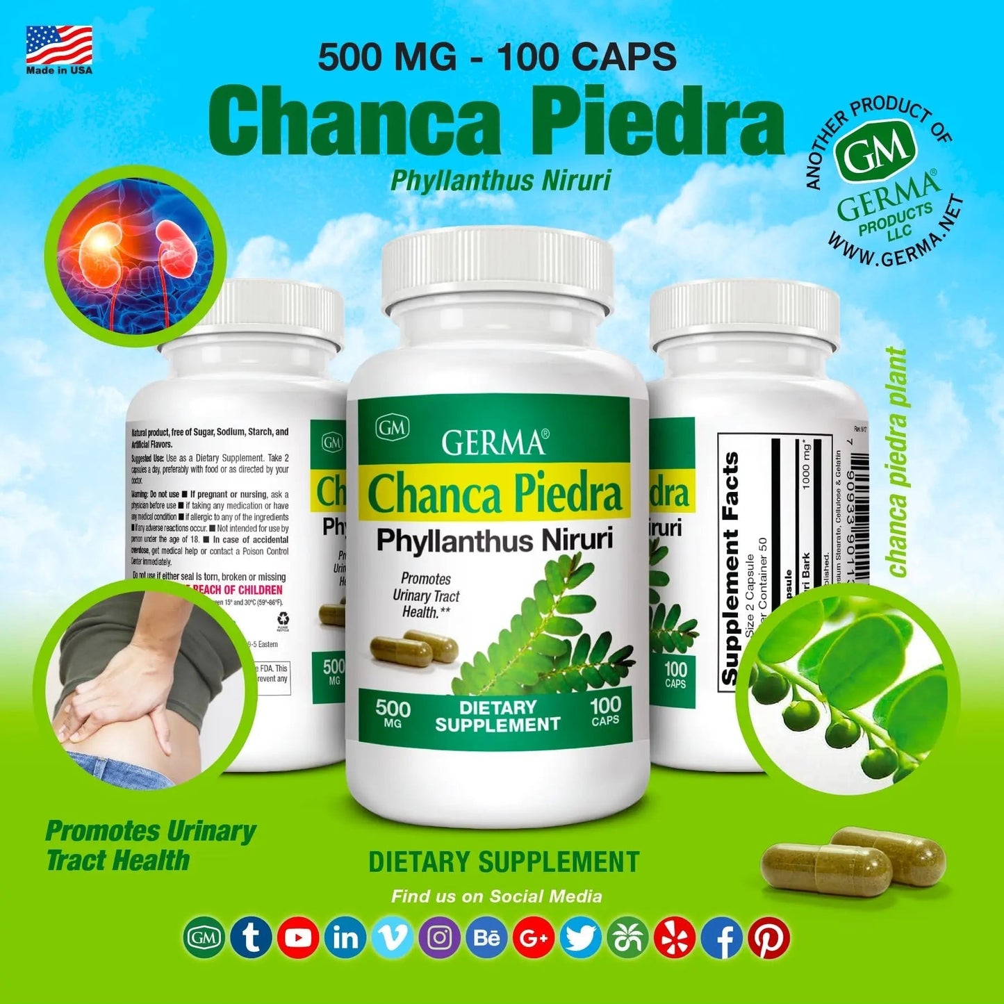 Germa Chanca Piedra Supplement – 500mg Phyllanthus Niruri – Traditional Stone Breaker Herb for Urinary & Kidney Support – Rainforest Botanical – 100% Natural Vegan Capsules, 100 Count GermaBuy Supplements Australia