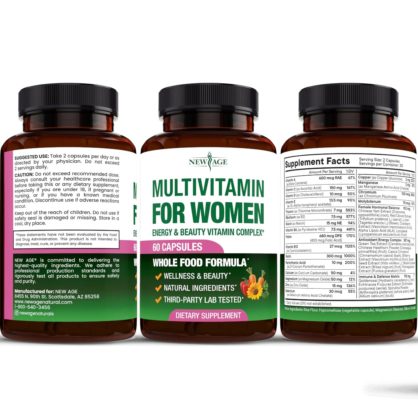 NEW AGE Multivitamin for Women - B-Complex, Whole Foods, Hair Support, Iron - All in1 Womens Multivitamin NEW AGE