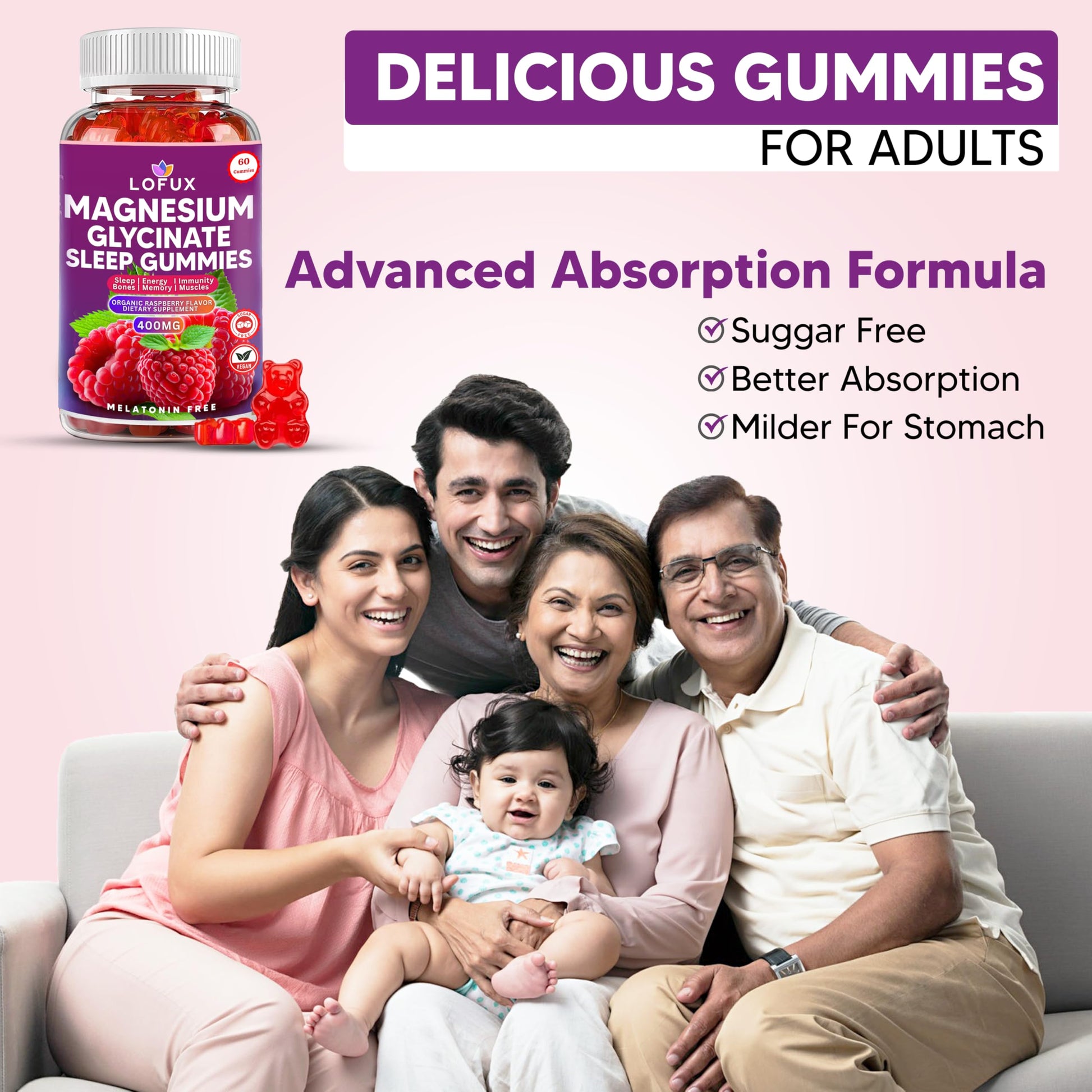 Lofux Magnesium Glycinate Gummies 400mg, Sugar Free Magnesium Gummies for Adults Women, Men, Chewable Supplement Gummy with L-Threonate, Vitamin D, B6, CoQ10 - for Calm, Sleep, Body Relaxation, 120 Ct LofuxBuy Supplements Australia