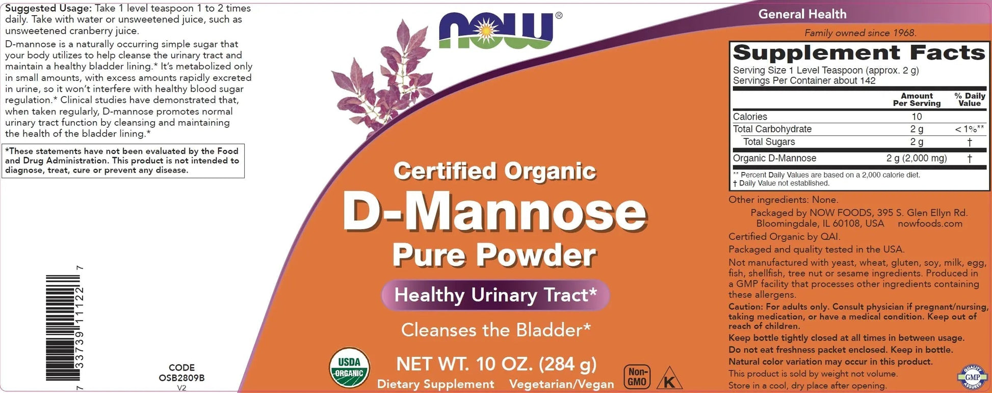 NOW Foods Pure, Organic D-Mannose 10 oz Powder - Bladder Cleanse and Urinary Tract Health Supplement - Non-GMO - Vegan Friendly - 2000mg / 2 Grams per Serving NOW FoodsBuy Supplements Australia