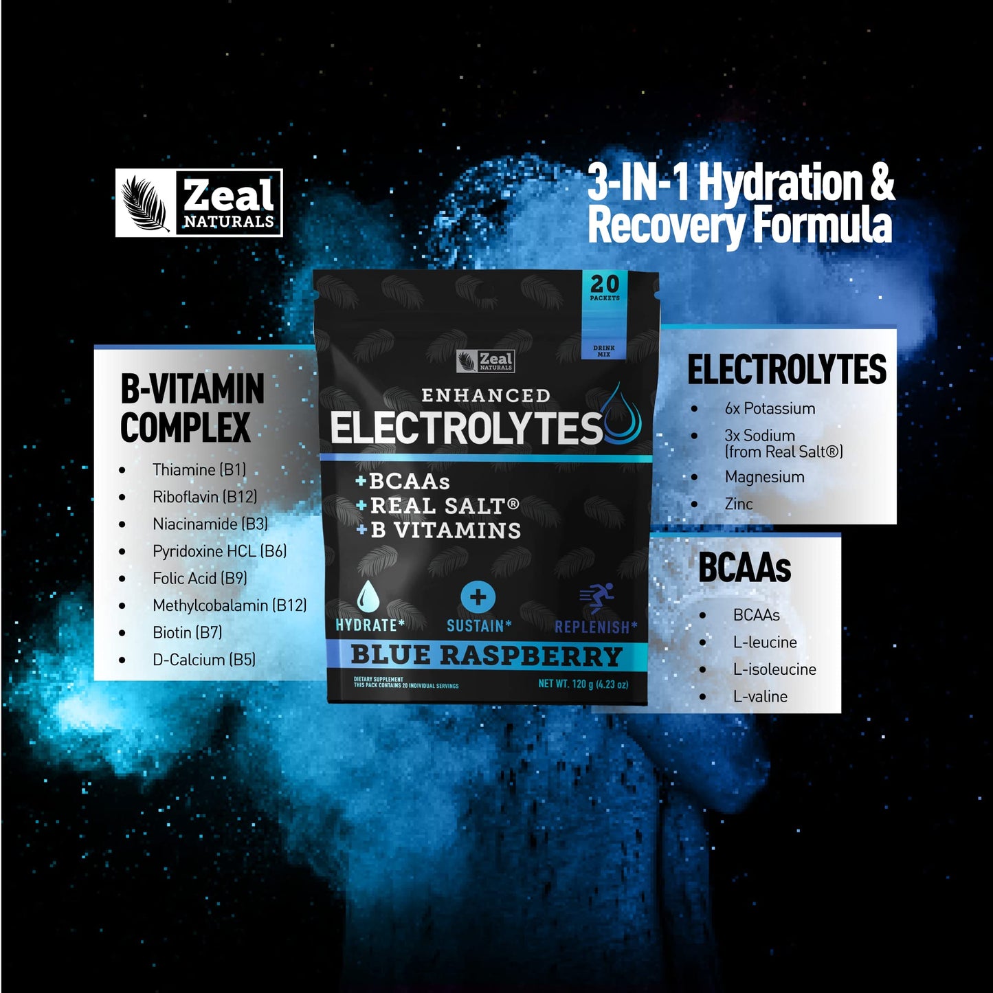 Enhanced Powder Stick Packs (Blue Raspberry - 20 Packets) Sugar Free + BCAA B-Vitamin Zeal NaturalsBuy Supplements Australia