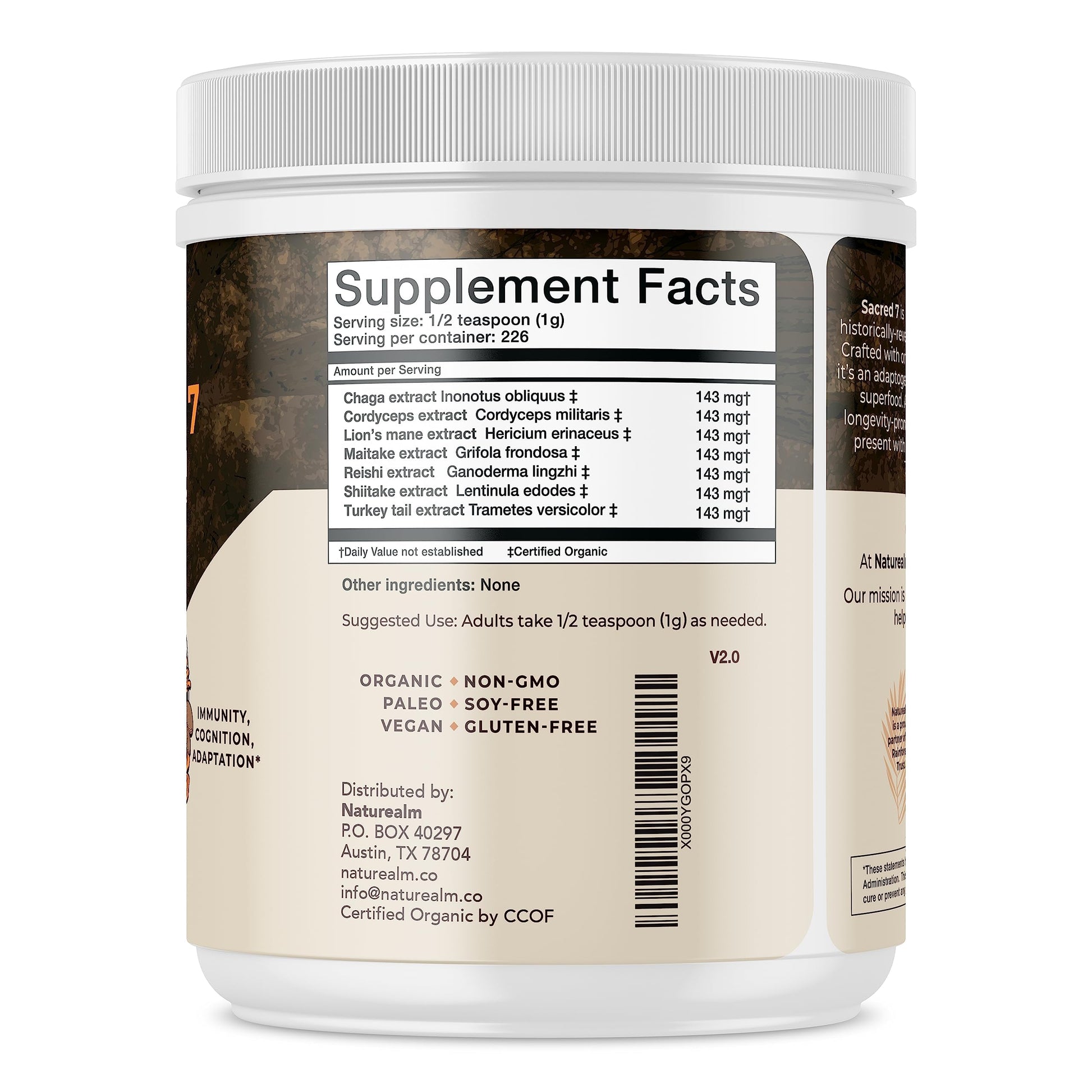 Naturealm Sacred 7 Mushroom Extract Powder - USDA Organic - Lion's Mane, Reishi NaturealmBuy Supplements Australia