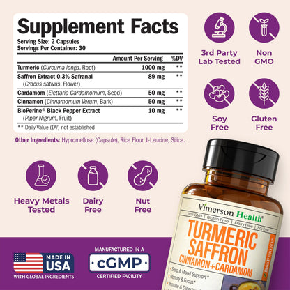 Saffron Supplements – 89mg Saffron Extract, 1000mg Turmeric Curcumin, Ceylon Cinnamon & Cardamom – Daily Mood, Joint & Metabolic Support