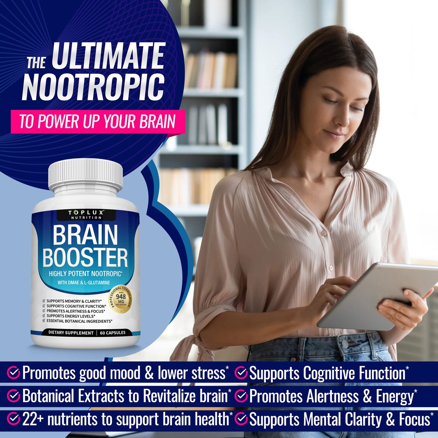 Toplux Brain Supplement Nootropic – Brain Pills Vitamin with DMAE, Bacopa Monnieri, L-Gutamine, for Men Women, 60 Capsules, Nutrition TopluxBuy Supplements Australia