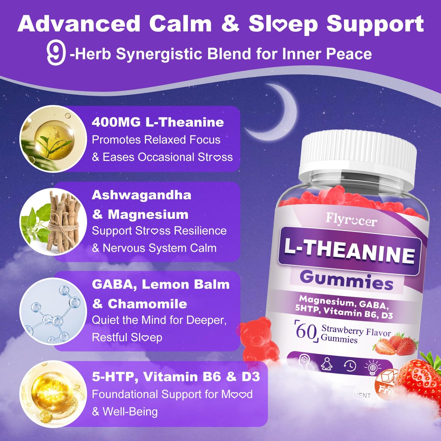 Sugar Free L-Theanine Gummies, L Theanine Supplement for Adults & Kids, L'Theanine with Ashwagandha, Magnesium, 5HTP & GABA - Support Calm, Relax, zzZ, Focus, Vegan Strawberry Flavor, 60 Count FlyrocerBuy Supplements Australia