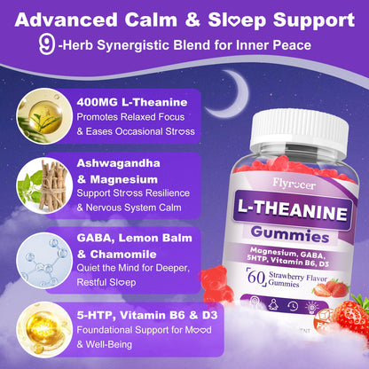 Sugar Free L-Theanine Gummies, L Theanine Supplement for Adults & Kids, L'Theanine with Ashwagandha, Magnesium, 5HTP & GABA - Support Calm, Relax, zzZ, Focus, Vegan Strawberry Flavor, 60 Count FlyrocerBuy Supplements Australia
