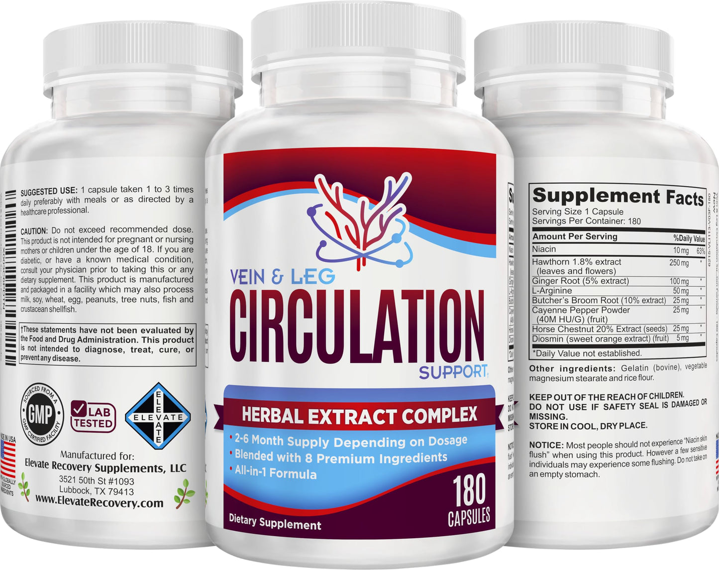 Vein & Leg Circulation (2-Month) Support Supplement with 8 Active Ingredients in 1 Formula | Leg + Vein | Blood Circulation Support Supplements | 60-Day Bulk Supply | 180 Capsules Elevate Recovery SupplementsBuy Supplements Australia