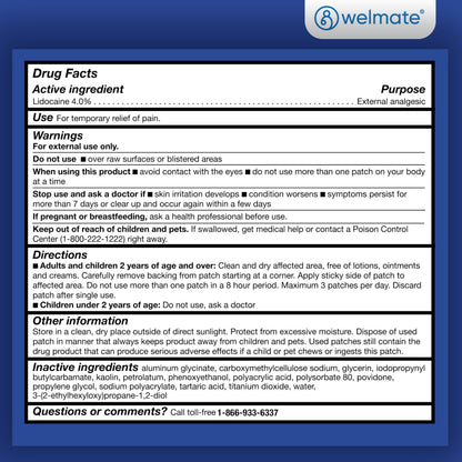 WELMATE - 4% Lidocaine Numbing Patch - Maximum Strength - Temporary Relief of Pain, Back, Neck, Shoulders, Knees, Elbows, Minor Skin Irritations - Topical Analgesic Unscented - 30 ct WELMATEBuy Supplements Australia