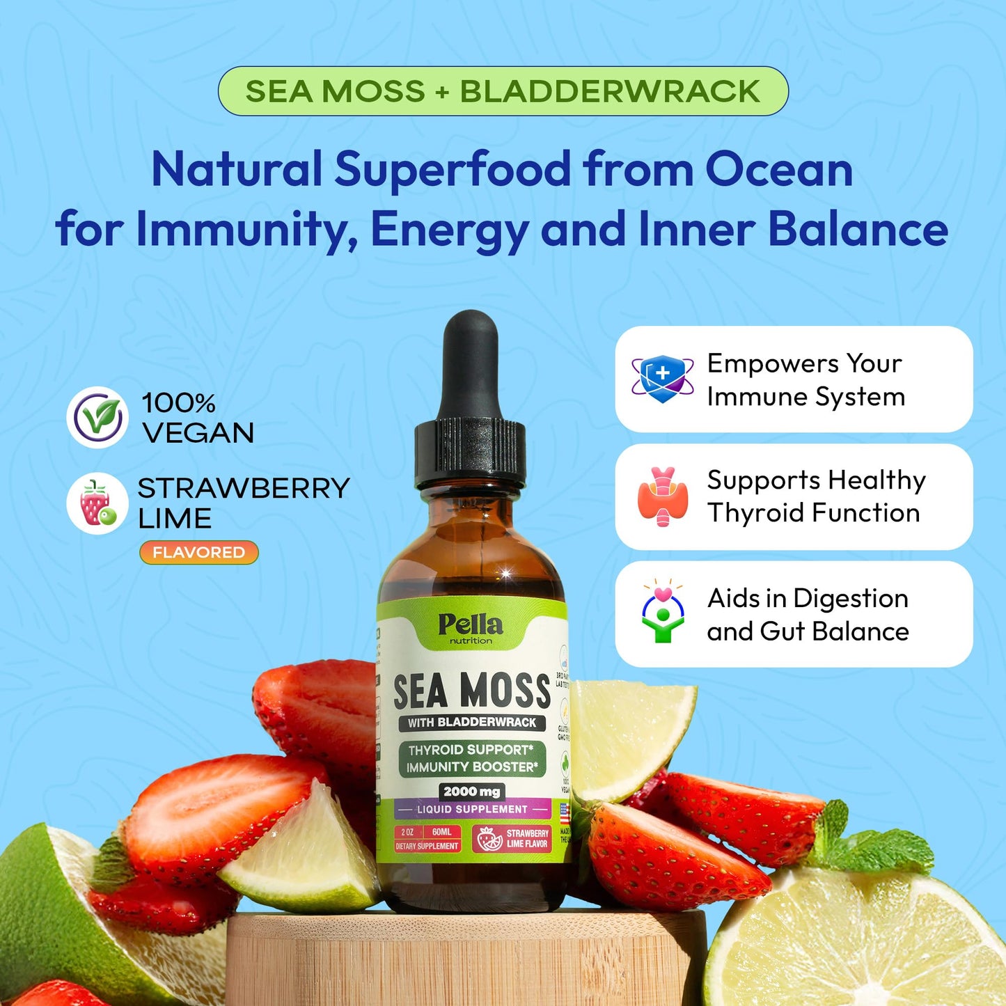 Pella Nutrition Sea Moss Drops with Bladderwrack – 4X Faster Absorption Than Irish Sea Moss Gel Superfood, Gummies, and Capsules – Digestive & Immune Support Supplement (Strawberry Lime, 60mL) Pella NutritionBuy Supplements Australia
