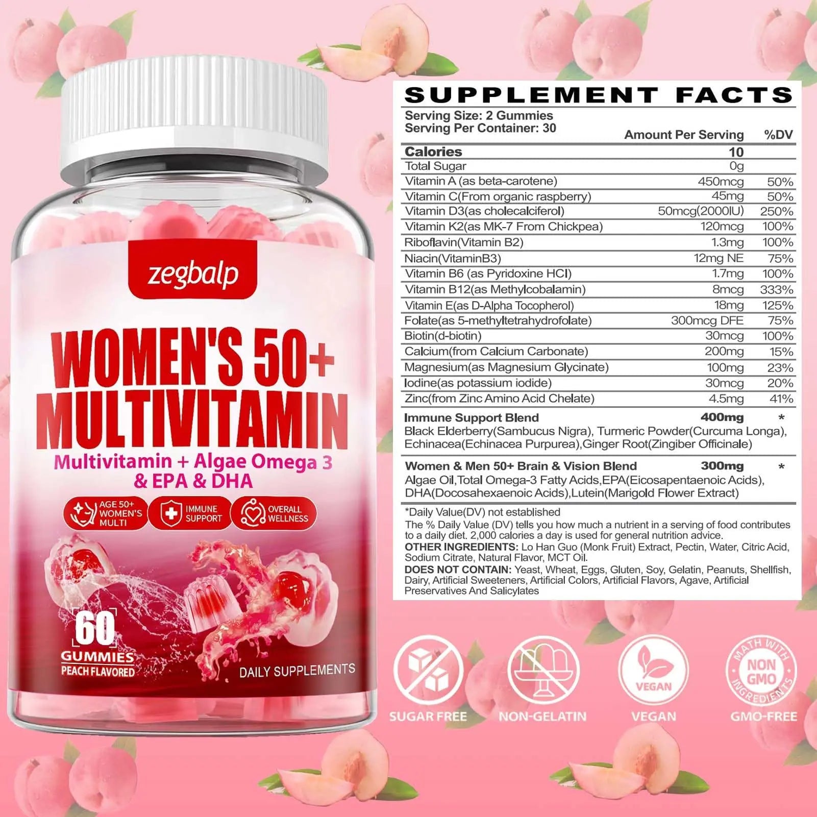 ZEGBALP Sugar-Free Womens Multivitamin 50 Plus Gummies with Calcium, Magnesium, Zinc, Vitamin A, C, D3, E, K2, B Complex, Folate, Biotin ZEGBALP