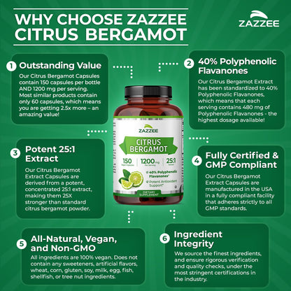 Zazzee Citrus Bergamot 25:1 Extract, 1200 mg Per Serving, 40% Polyphenolic Flavanones, 150 Vegan Capsules, 5 Month Supply, Citrus Bergamia, Antioxidant Support, Certified Kosher, Non-GMO, Made in USA ZazzeeBuy Supplements Australia