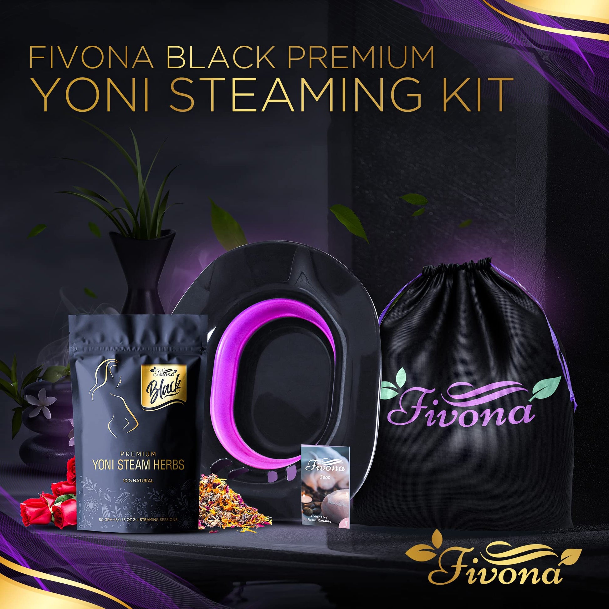 Fivona 3-in-1 Yoni Steam Kit Black - Foldable Over The Toilet Steamer Seat with Herbal Blend and Storage FIVONABuy Supplements Australia