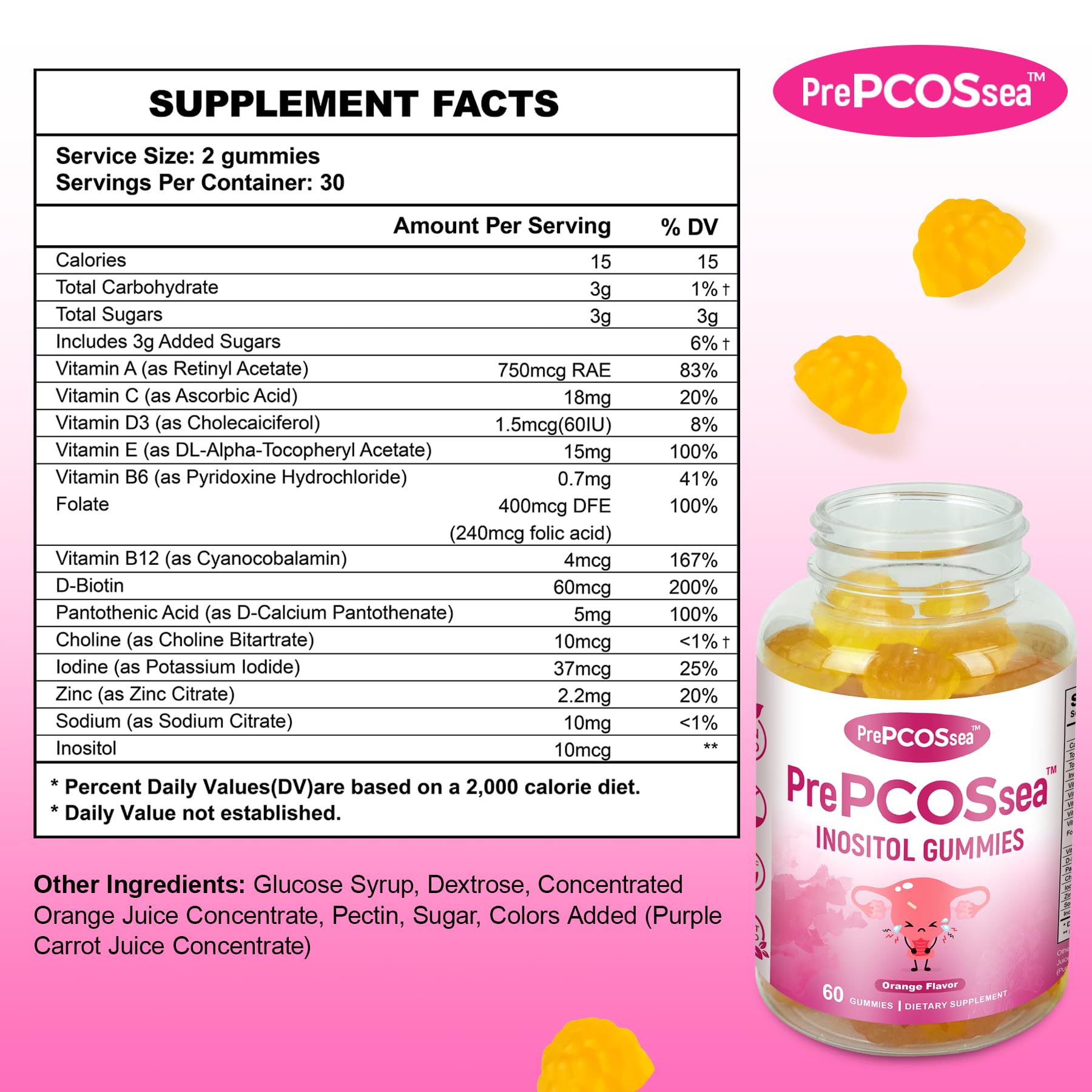 Feelherbs PrePCOSsea Inositol Gummies Vitamins, 2 Pack Orange Flavor Myo-Inositol Vitamin Gummies with Folate, B6, B12 & D-Biotin, 60 Count Soft Chews FeelherbsBuy Supplements Australia