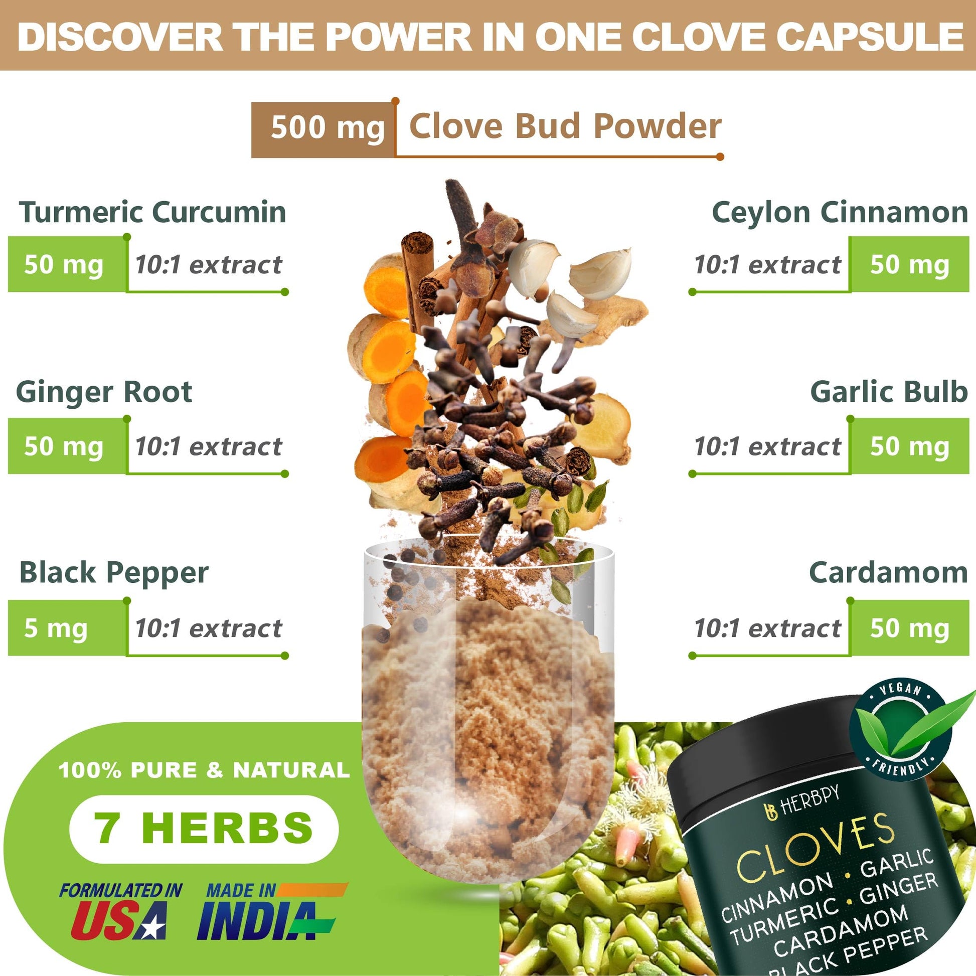 Herbpy 7in1 Clove Supplement Rich in Vitamins & Minerals Supports Digestion, Immune & Heart Health with Cinnamon, Turmeric, Ginger, Cardamom, Garlic & Black Pepper - 100 Vegan Capsules HerbpyBuy Supplements Australia