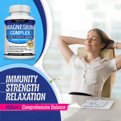 Magnesium Complex Supplement 8 Elemental 1000mg - Magnesium Glycinate, Citrate, Malate, Taurate, Chelated for Easy Absorption for Bones