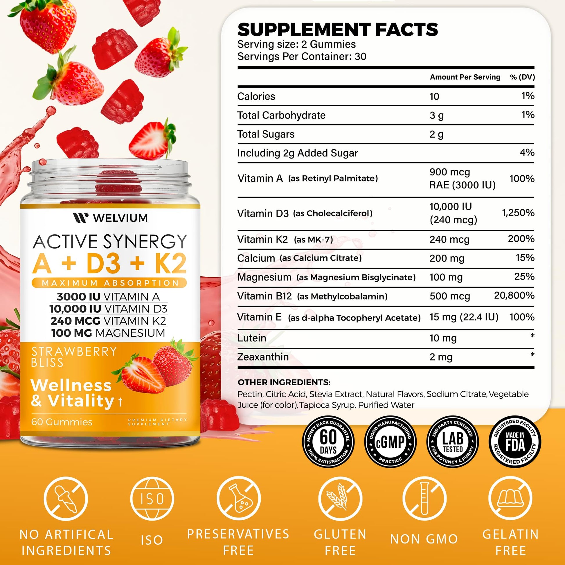 WELVIUM Vitamin D3 K2 Gummies 10000 IU with Magnesium Glycinate, Calcium, B12, K2 MK-7, Vitamins A, E, Lutein, Zeaxanthin - ADK Chewable Supplement for Bone, Eye, Immune Support - D3K2 Gummies WELVIUMBuy Supplements Australia